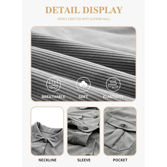 Womens Gray Plus Size Plaid Shacket Long Sleeve Button Down Casual Jacket - Picture 5 of 5